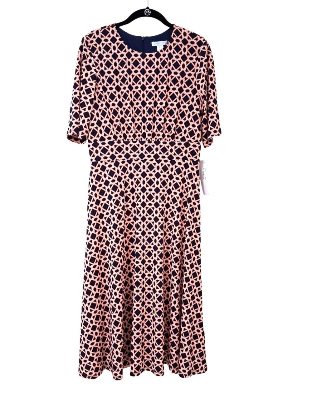 London Times Navy Orange Midi Dress Size 8 Geometric Print NWT